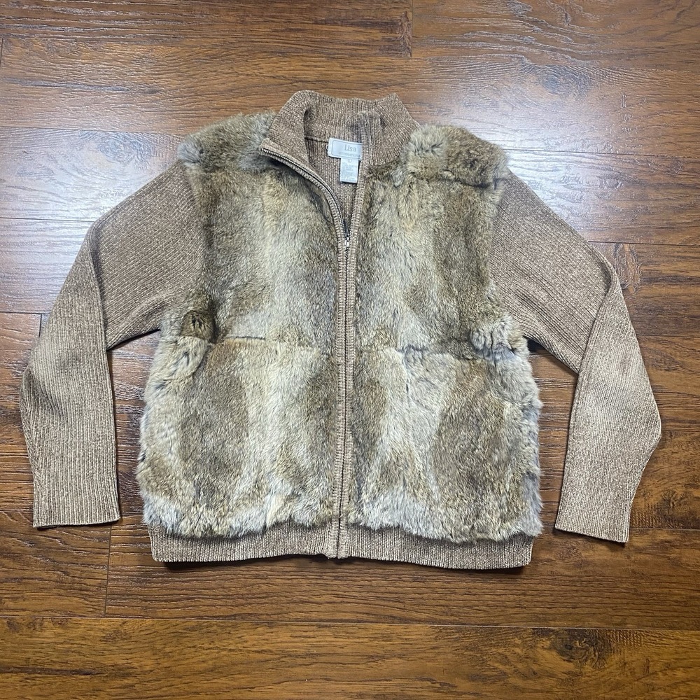 Lisa International Real Rabbit Fur Front Zip Cardigan Sweater Brown Large